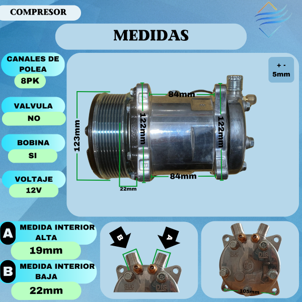 Compresor Aire Acondicionado Universal Tipo Sanden 508 5h14 8pk 12v 33j-aa - Imagen 3