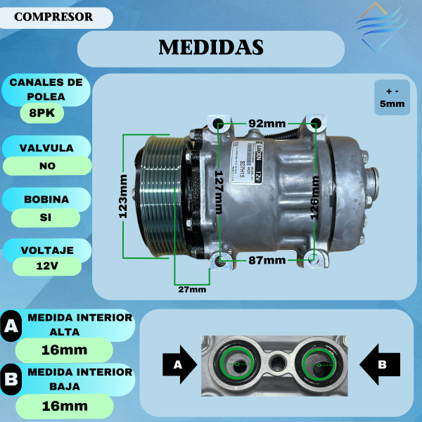 COMP.ORIG.7H15 SANDEN 12V PV8 PASANTE - Imagen 3