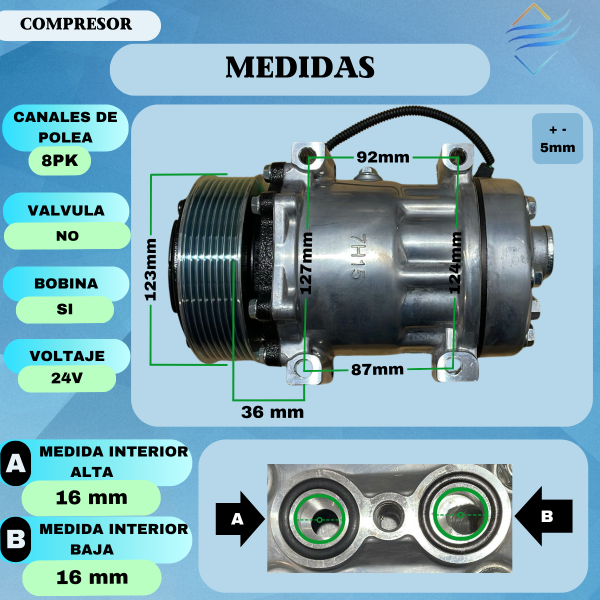 COMPRESOR AIRE ACONDICIONADO VOLVO FH12 /FH16 - SD7H15 24V 132MM PV8 - Imagen 3