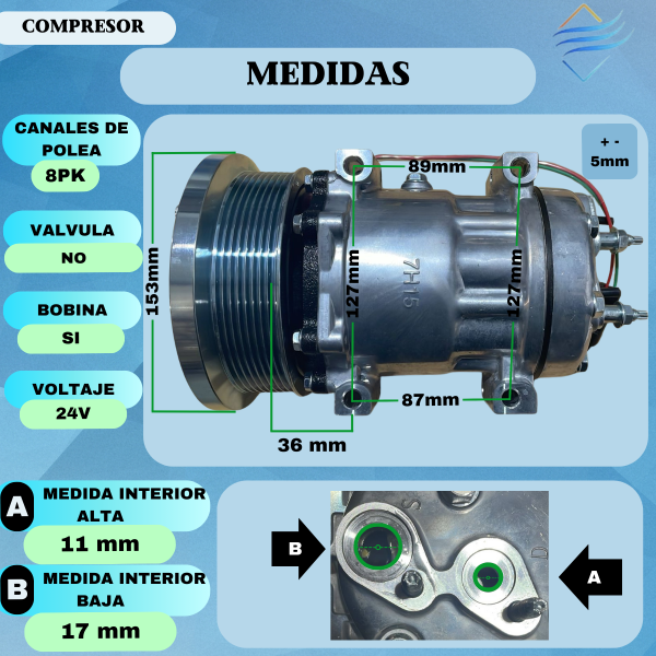 COMPRESOR AIRE ACONDICIONADO VOLVO - FH12 380/400/440/480/520 97/12 - SSB SE7H15 PV8 132MM -4 4 PASANTES SALIDA HORIZAONTAL - Imagen 3