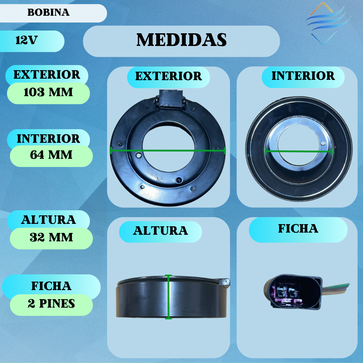 BOBINAS AIRE ACONDICIONADO VOLKSWAGEN GOLF 1.6 L 8V 99/09 SOHC L4 EA111 / AUDI A3 ANCLAJE 4 OREJAS POLEA 6 CANALES - Imagen 2