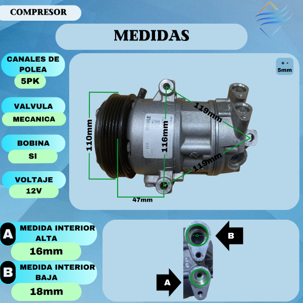 Compresor Fiat Argo. Cronos. Mobi  1.0 - 1.3L 5PK - Imagen 3