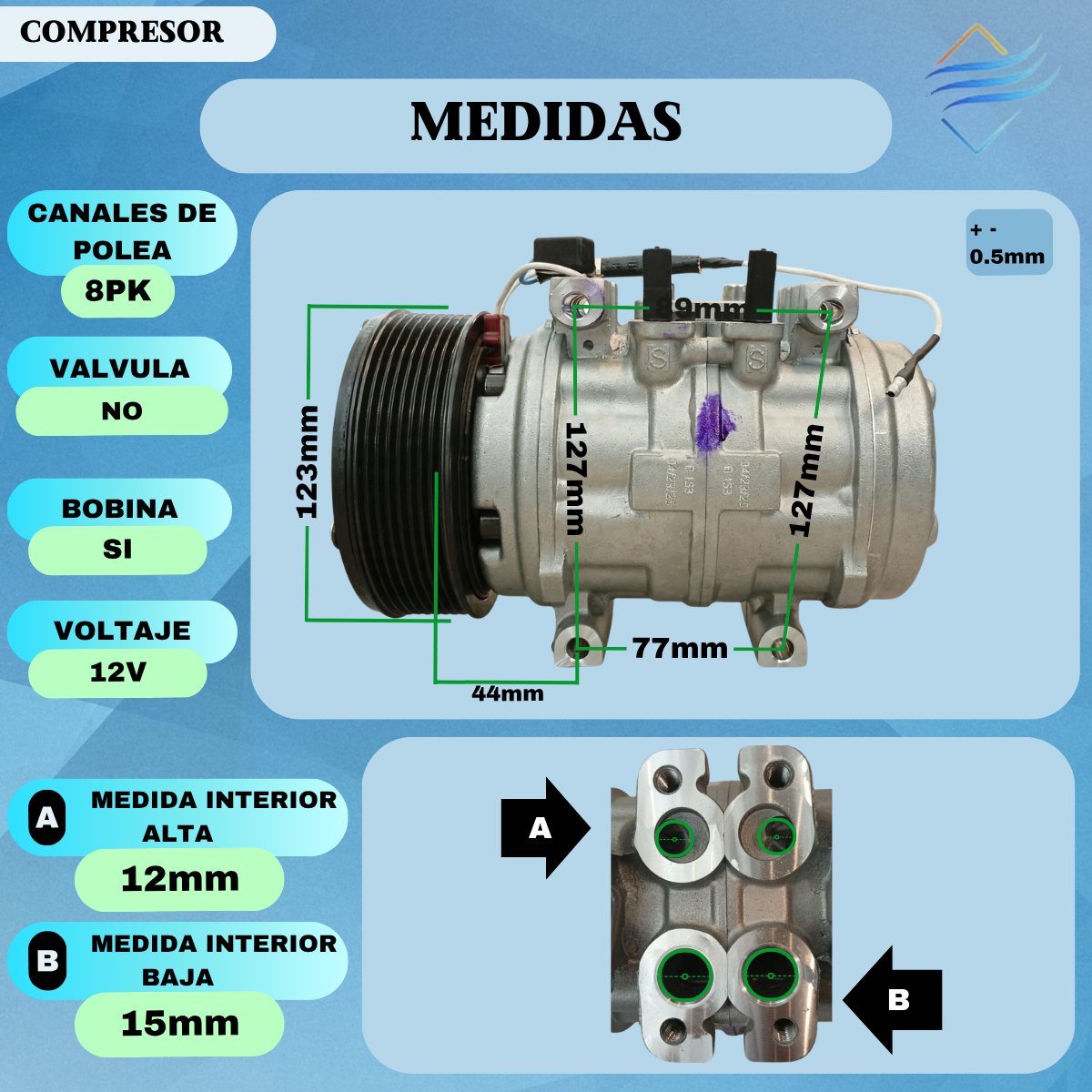 COMPRESOR COMUNIZADO CON EM 10P15 (PASANTE) - TRACTORES JD (5000/6000/9000) - MITSUBISHI L200 TRITON - 8PK 12V - Imagen 3